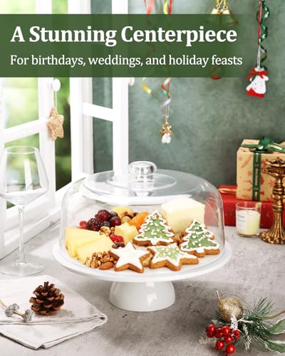 12-Inch Porcelain Cake Stand with Clear Acrylic Dome - White Pedestal