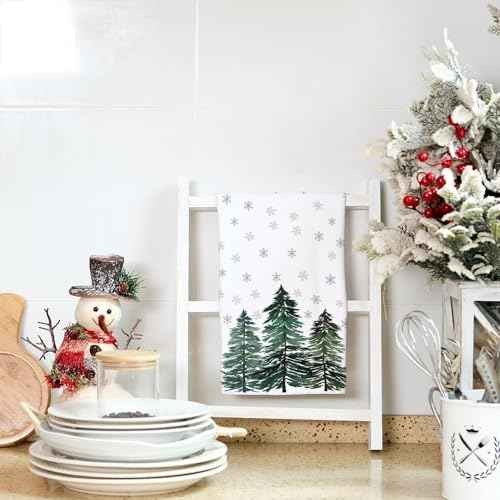 ARKENY Christmas Kitchen Towels,Green Xmas Tree Snowflake Dish Towels 18x26 Inch Drying Dishcloth,Farmhouse Home Decoration AD139