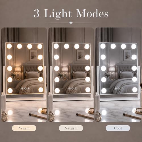 ZBOCAI Dimmable Vanity Mirror with Lights 12 Bulbs 16.4 x 13.1 inch - White Hollywood Makeup Mirror with Detachable 10X Magnifier
