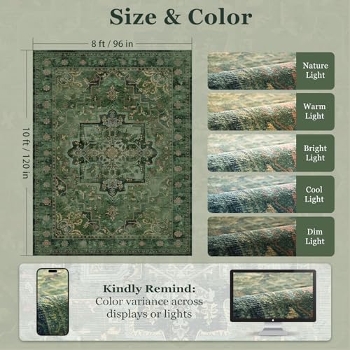 Jainmy 8x10 Dark Green Traditional Medallion Rug for Living Room & Bedroom, Washable Non-Slip Low Pile Floor Carpet