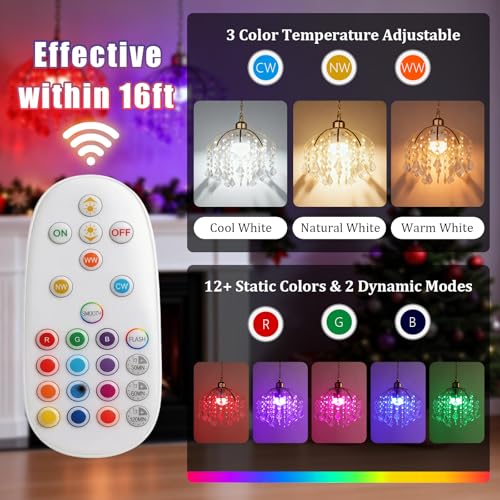 Wireless Crystal Pendant Light with Remote, 12 Colors, Rechargeable Battery, Dimmable 11in Ceiling Chandelier for Indoor & Covered Outdoor