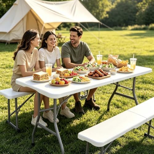 Jynooer 6ft White Folding Table - Heavy Duty Portable Indoor Outdoor Picnic