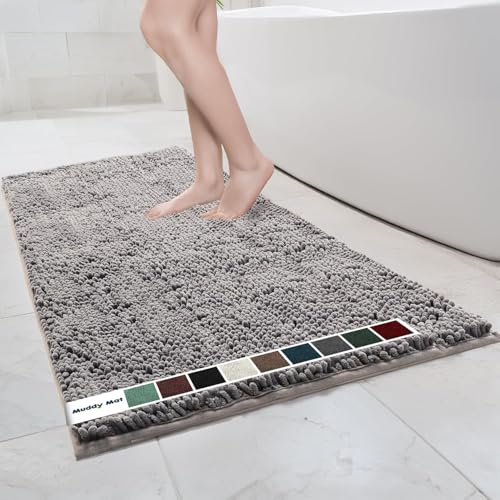 Muddy Mat® 36x60 Grey Chenille Bathroom Rug - Ultra Absorbent, Quick Dry Non-Slip Microfiber Bath Mat