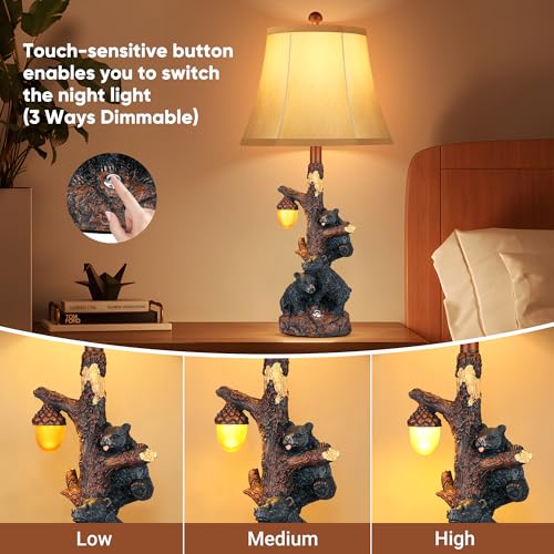 Rustic Bear Bedside Table Lamps Set of 2 with Nightlight & USB Ports