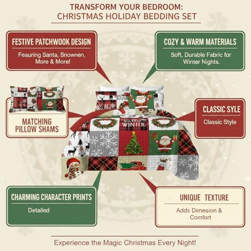 King Size Christmas Quilt Set with Patchwork Santa Snowman Tree - Microfiber Bedding
