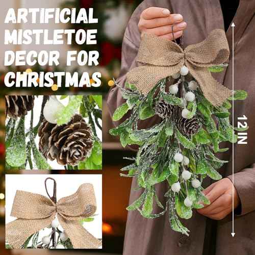 12 '' Large Christmas Mistletoe Decor Xmas Holiday Artificial Mistletoe Giant Kissing Hanging Bouquet Christmas Ornament with Sprigs Red White Berries for Xmas Floral Garland (1 Pcs,White)