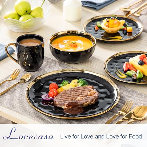 LOVECASA Black and Gold 16-Piece Dinnerware Set for 4 - Plates, Bowls, Mugs