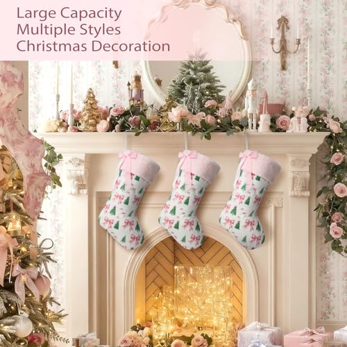 Pink Bow 18-Inch Christmas Stocking with Faux Fur
