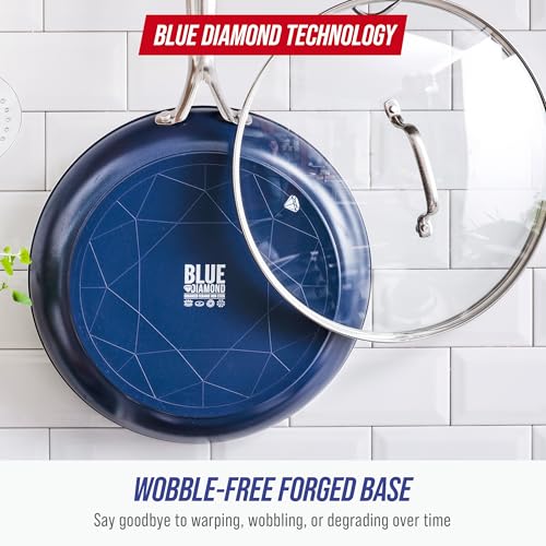 12-Inch Diamond Ceramic Nonstick Frying Pan with Lid - Blue