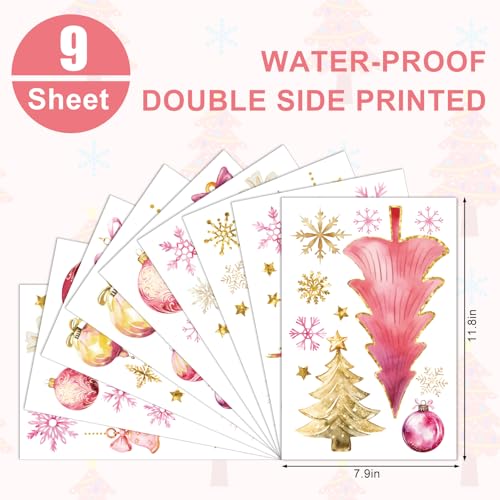 Christmas Window Clings Pink Gold Xmas Tree Ball Snowflake Window Stickers Double-Side Glass Decals for Home Party Supplies, 7.9 x 11.8 Inch, 9 Sheets