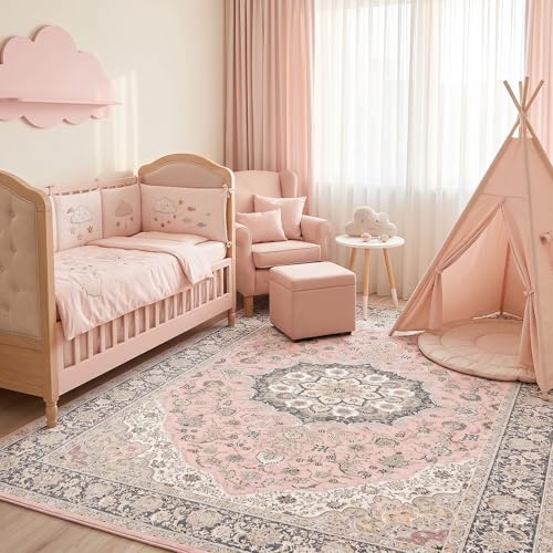 Pink Persian Style Washable Rug 8x10 - Vintage Floral Living Room Carpet, Non-Slip & Soft