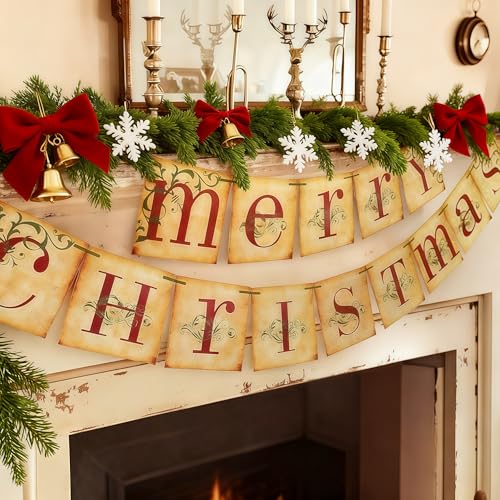 Merry Christmas Decoration Vintage Banner, Retro Nostalgic Holiday Party Decoration for Indoor Home Office