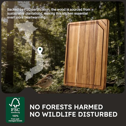 17-Inch FSC-Certified Teak Wood Cutting Board with Non-Slip Base
