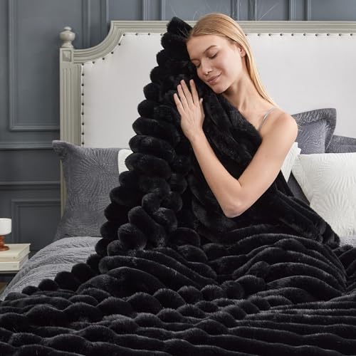 Black Faux Fur Throw Blanket 50x60 Inches Cozy Plush Sofa & Bed Accessory