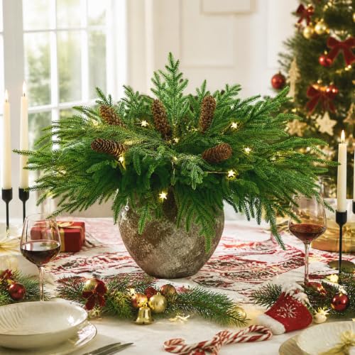 12Pcs Artificial Norfolk Pine Branches with Pinecones Holiday Decor