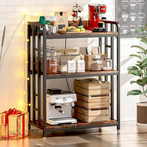 Rustic 3-Tier Adjustable Microwave Cart with Power Outlet and Casters - Brown