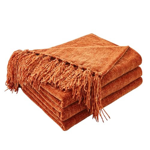 Chenille Throw Blanket 50x60 Inches - Rust Orange Fringe Accent