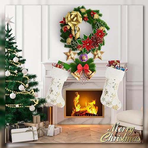 2 Large Christmas Stockings 17 x 10 Inches, Christmas Fireplace Hanging Stockings, Faux Fur Christmas Stockings Plush Velvet, Fireplace Stockings with Embroidered Golden Snowflake for Christmas Decor