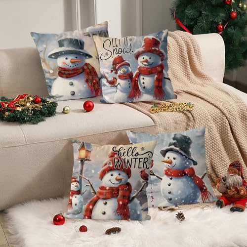 Christmas Pillow Covers 18x18 Inch Set of 4 Snowman Case Vintage Xmas