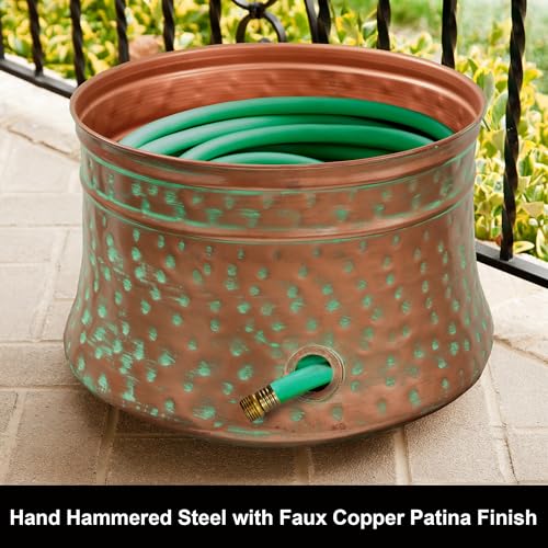 Garden Hose Pot with Patina Finish - Hand-Hammered Steel, Holds 100ft Hose