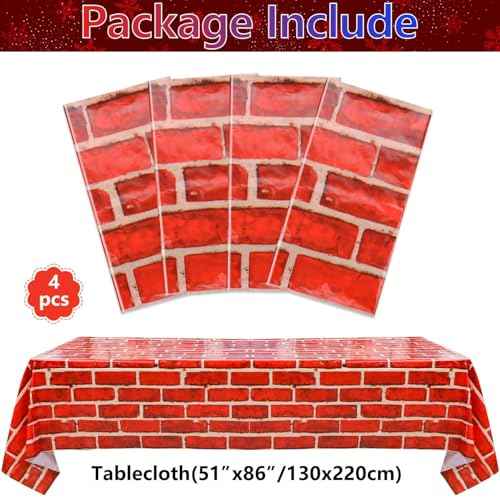 4 Pcs Red Brick Tablecloths, 51in x 86in Brick Wall Backdrop, Brick Table Covers, Brick Wall Scene Backdrop Decoration for Holiday, Birthday, Christmas, Baby Shower (4, 51'' x 86'')