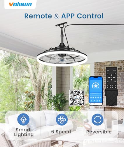 VOLISUN Black 19.7-Inch Outdoor Ceiling Fan with Light, Dimmable, Weatherproof, Remote & App Control