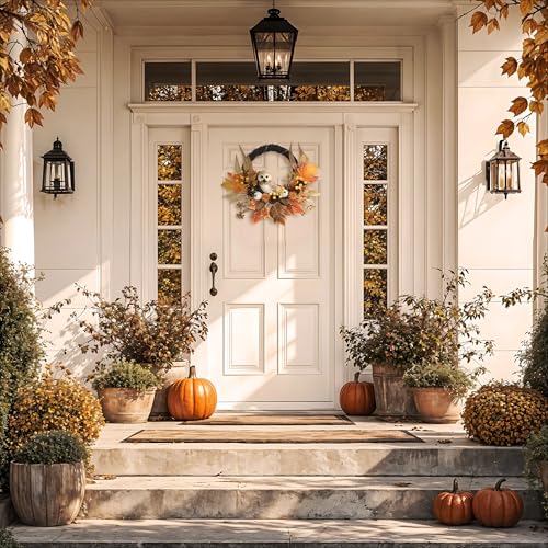 18 Inch Fall Wreath with Owl Pumpkin and LED Lights - Autumn Decor