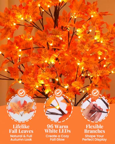 5FT Lighted Maple Tree with 96 LED & 192 Leaves - Fall Decor, Timer, Indoor Outdoor - 2 Pack Variation