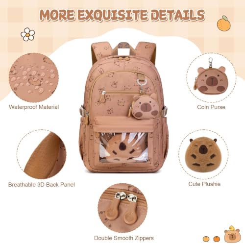 Similove Brown Capybara School Backpack & Stationery Set for Girls - Lunch Box & Pencil Case Included