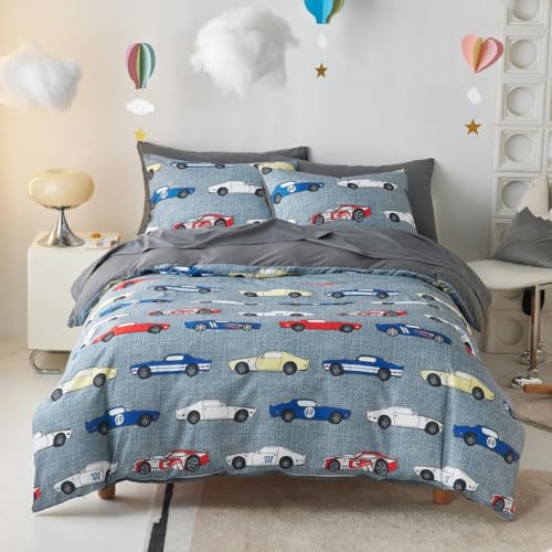 Wake In Cloud Twin Race Car Bedding Set for Boys - Colorful Supercar Comforter & Sheets, 5 Pieces