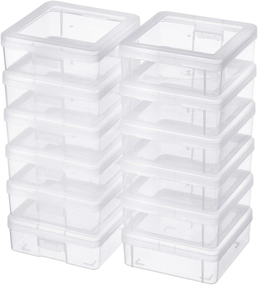 Storage Containers 12-Pack by [Brand Name] - Clear Stackable Plastic Boxes with Latching Lid | 5” x 5” x 1.9”