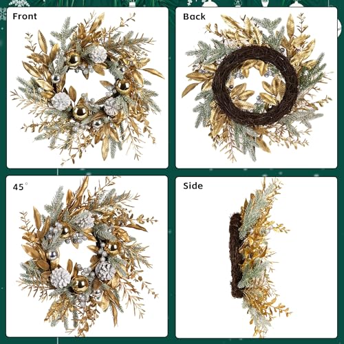 Zavothy 19-Inch Christmas Wreath with Warm Lights, Balls, Pine Cones & Berries - Variation 2