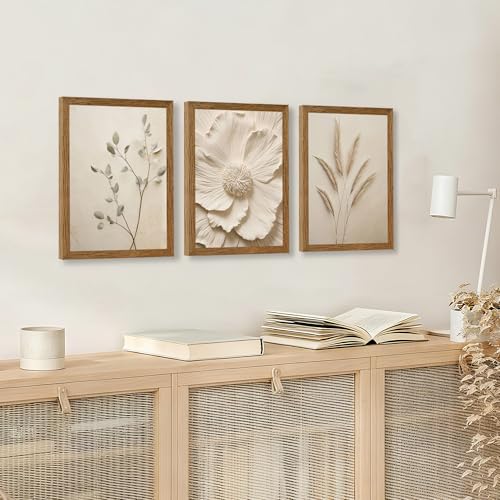 JLTULT Beige Floral Wall Art Set of 3 - 12x16 Inch Botanical Canvas Prints with Solid Wood Frames