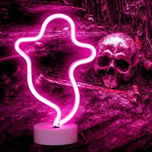 Ghost Neon Signs Halloween Night Lights, LED Signs Ghost Shape Lamp Neon Lights for Nursery Room Wall, Festival, Party Christmas Decor-Ghost with Holder Base(Pink) ¡¦