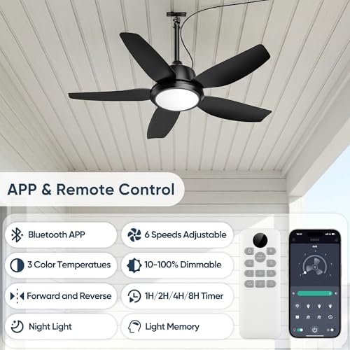 PARTPHONER Black 42 Inch Outdoor Ceiling Fan with Lights, Waterproof, APP & Remote Control