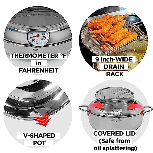 Saltlas 4.4 Qt Stainless Steel Deep Fryer Pot with Thermometer & Lid
