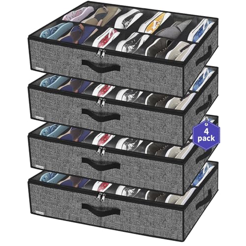 Under Bed Shoe Storage Organizer 4-Pair Linen-Like Black Space Saver