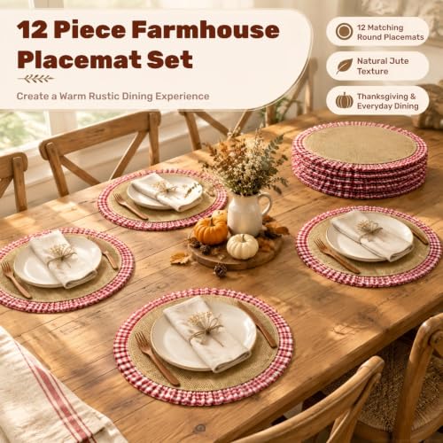 Christmas Placemats Set of 12 - 15 Inch Round Ruffle Burlap