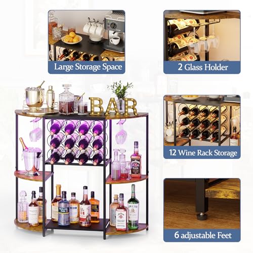 JKsmart Rustic Brown Wine Bar Cart with LED Lights, 3-Tier Storage and Glass Holder