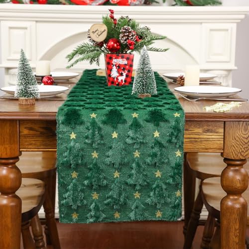Siilues Green Christmas Trees Table Runner 13x90 Inch - Plush Faux Fur Jacquard