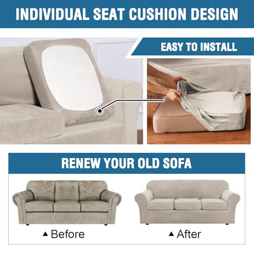 Velvet Sofa Slipcover 4 Piece for 3 Cushion Sofa Up to 90 Inch - French Oak