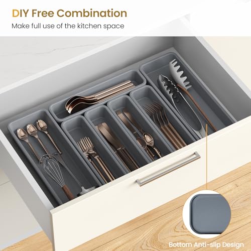 7 Pack Silicone Silverware Drawer Organizer - DIY Customizable, Heat-Resistant Up to 200°C, Anti-Slip, Moisture-Proof Kitchen Utensil Tray - Grey