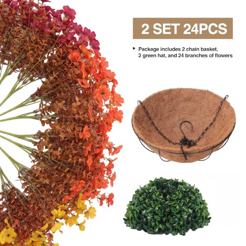 Fall 3-Mix Artificial Mum Flower Set with Hanging Baskets - Outdoor Autumn Decor (2 Pack)