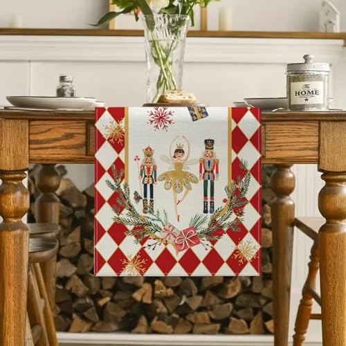 Christmas Nutcracker Table Runner 13x72 Inch, Red Plaid Winter