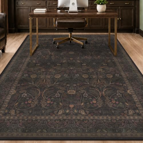 Evyhood 5' x 7' Dark Brown Washable Area Rug with Floral Pattern for Living Room & Bedroom