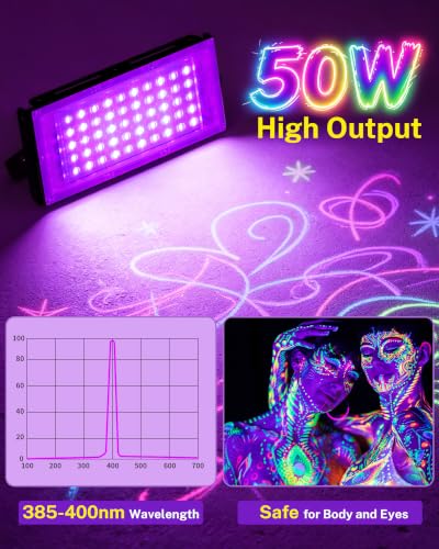 50W Black Light IP66 Waterproof Flood Light with Switch +6FT Cord - Halloween Party