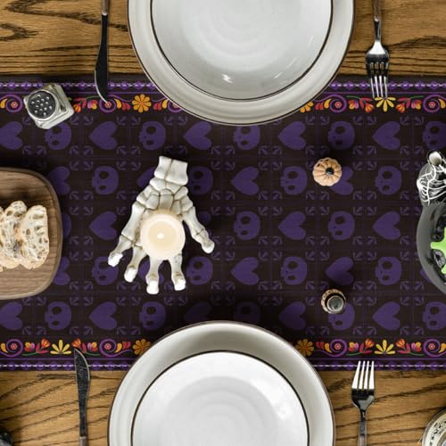 Artoid Mode Daisy Guitar Skull Day of The Dead Table Runner, Dia De Los Muertos Mexican Kitchen Dining Table Decoration for Home Party Decor 13x72 Inch