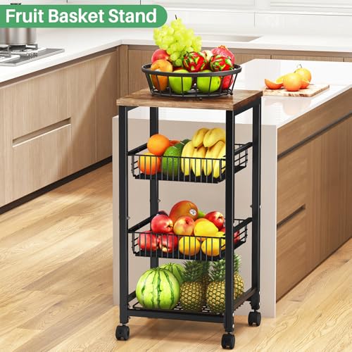 Fruit Basket Stand with Pull-Out Vegetable Baskets - 11.8"D x 15.7"W x 33.7"H, Black