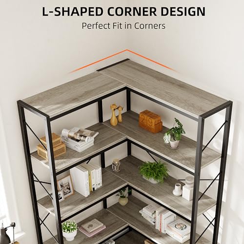 Corner Bookshelf 5-Tier L-Shaped Bookcase - Grey, Large Storage