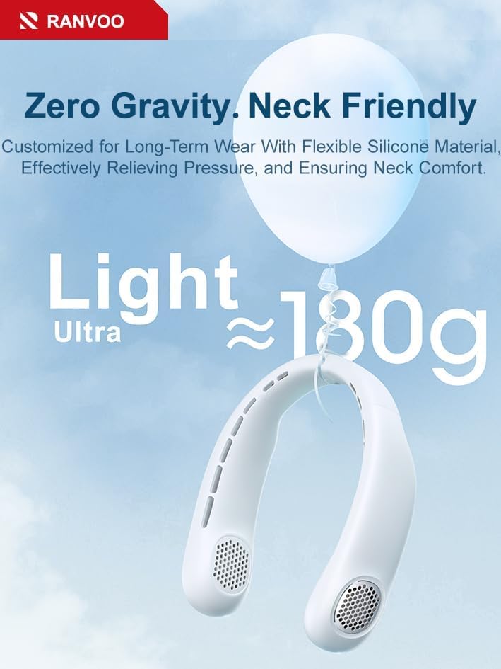 RANVOO 2024 AICE Portable Neck Cooling Fan -Ergonomic Fit, Adjustable Customize Size, Rechargeable Personal Ultra Lightweight Wearable Fan